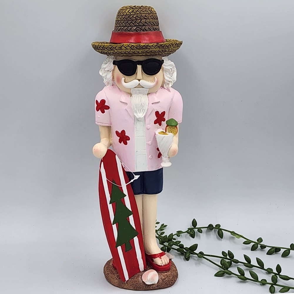 Hawaiian Beach Bum Santa Surfer Resin Figurine Tropical Surfboard Christmas 12"